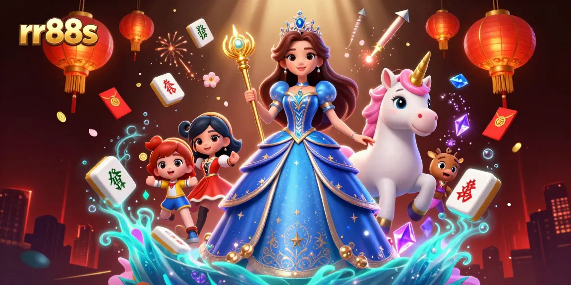 Experience thrilling gameplay with rr88s, featuring a royal blue-clad woman and a magical unicorn in an enchanting casino scene.