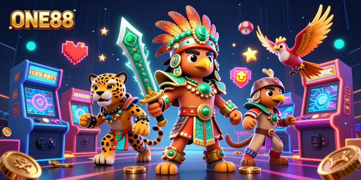 Experience thrilling gameplay at ONE88 with vibrant 3D casino warriors and colorful gaming elements.