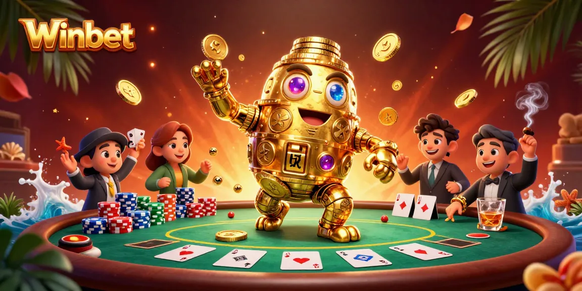 Winbet showcases a golden golem and poker elements in a vibrant casino environment.