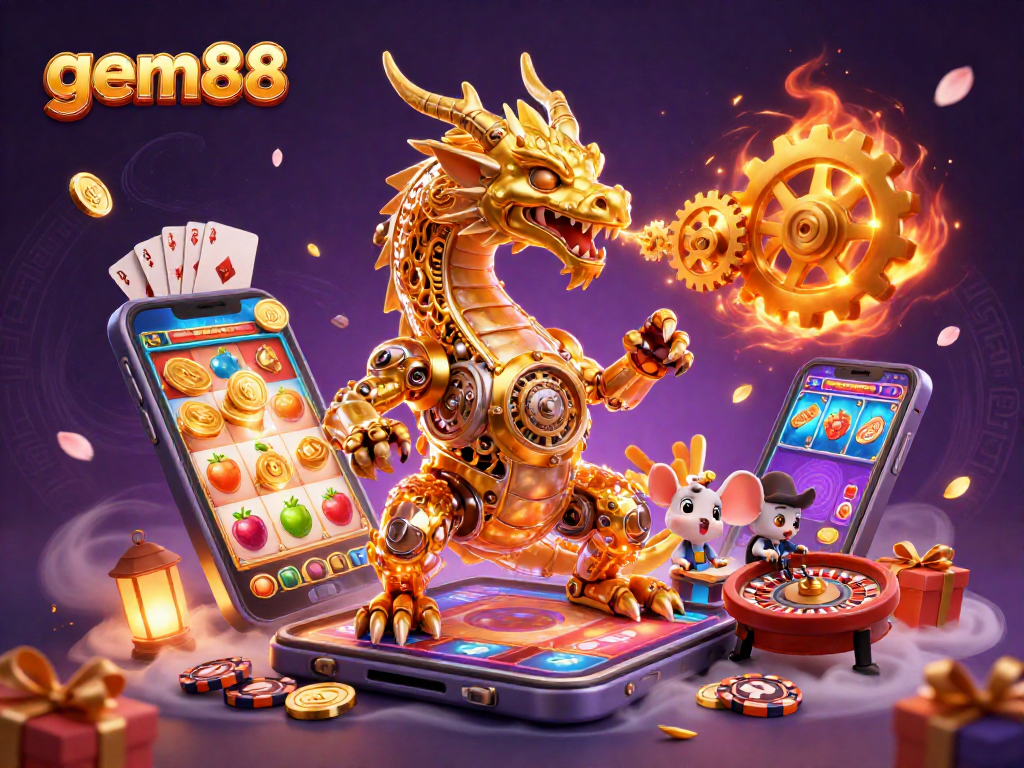 gem88 showcases a golden dragon amid a vibrant casino scene with golden gears, spinning slots, and dynamic game elements.
