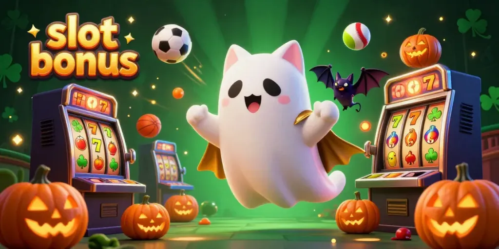 Capture the slot bonus excitement with a ghost cat and vampire bat in a haunted casino scene.