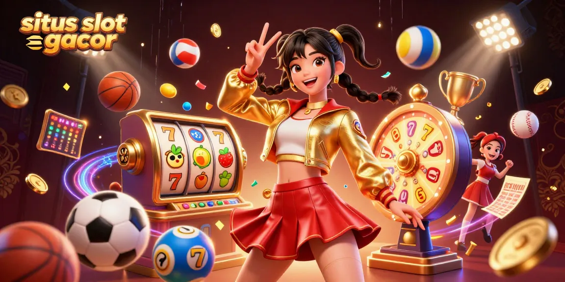 Situs slot gacor shines in a vibrant 3D illustration with a joyful character spinning classic slot reels, surrounded by dynamic gaming elements.