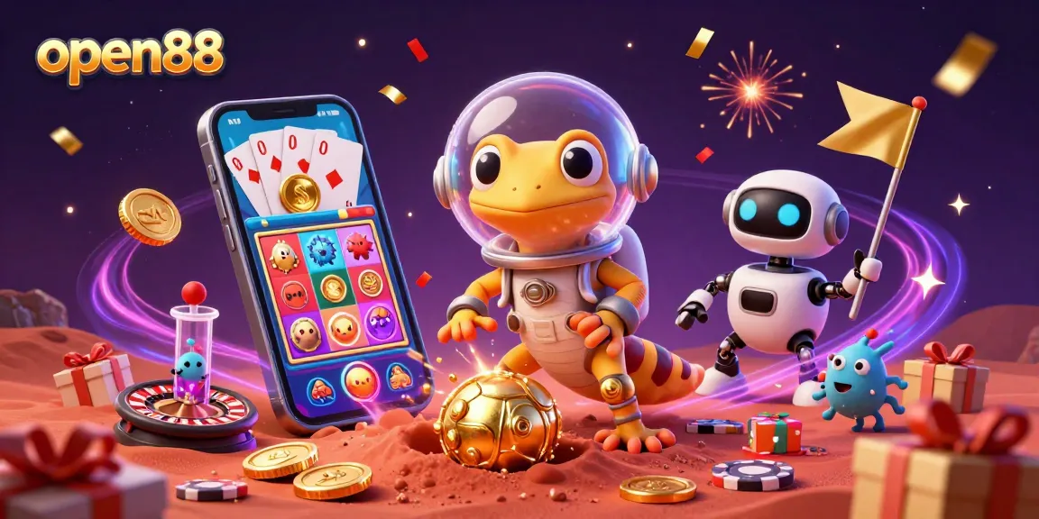 Experience the thrill of open88 with a cartoon Martian gecko discovering a golden casino on Mars.
