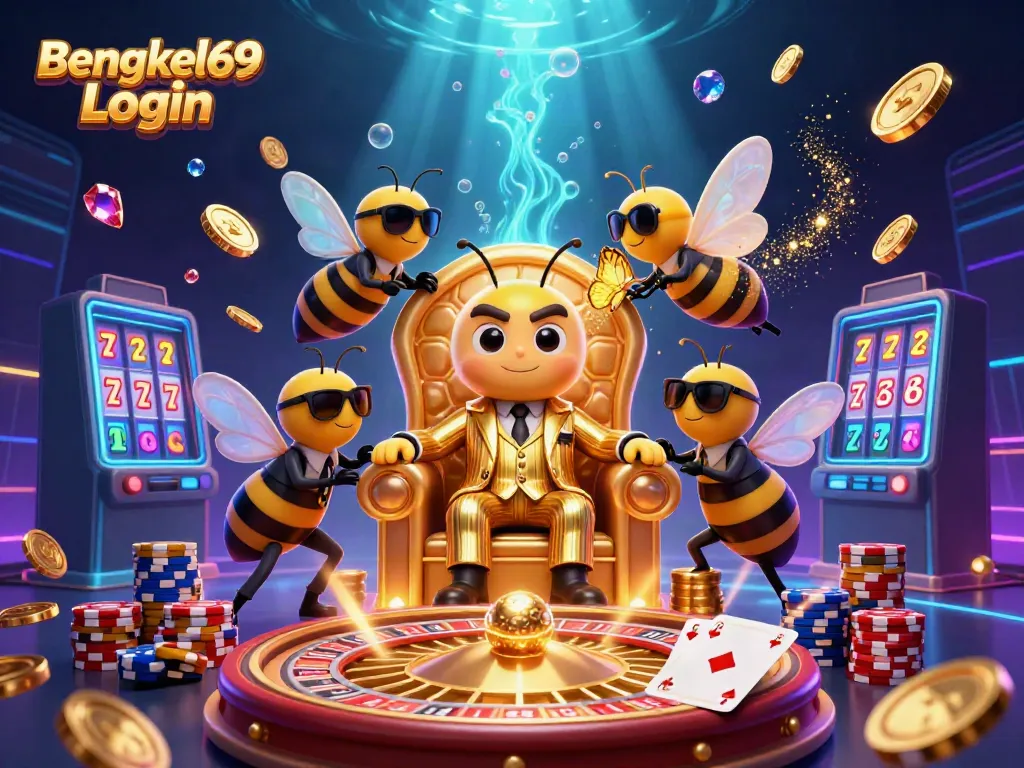 Experience the thrill with Bengkel69 Login, featuring a dynamic gaming scene of characters and casino elements.