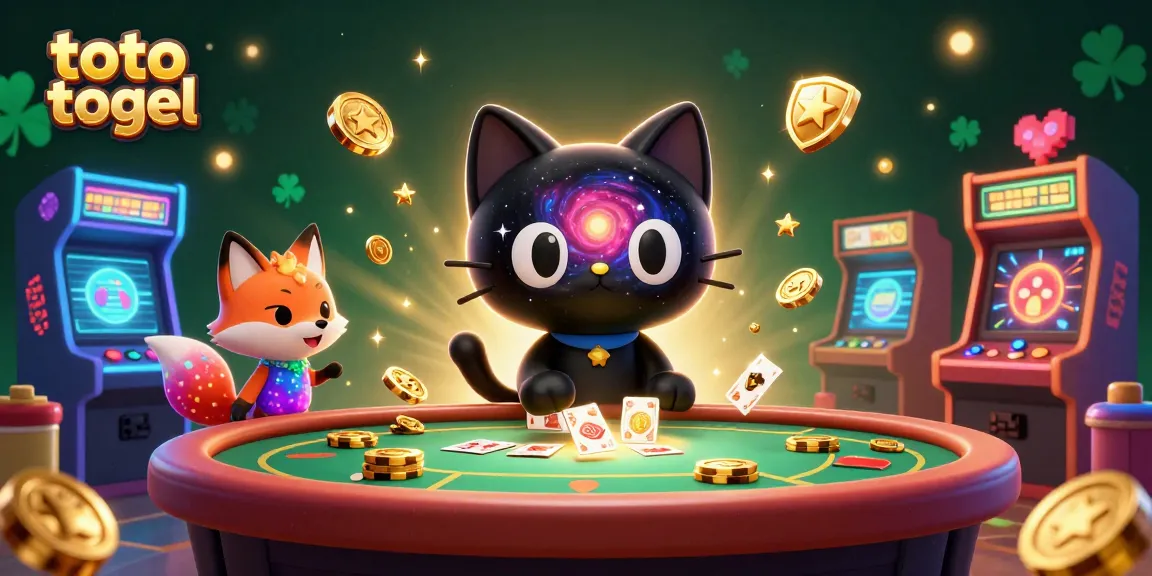 Engage in thrilling toto togel games with a whimsical black hole cat and colorful gas fox in a cosmic casino.