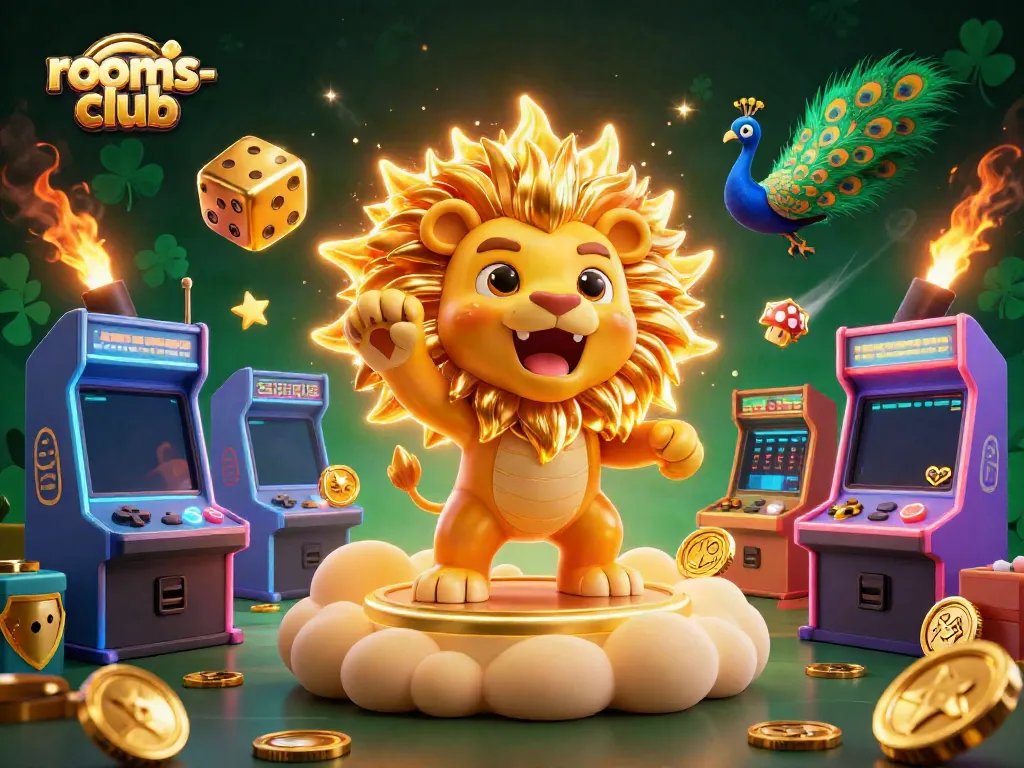 Menggandakan keberuntungan di rooms-club dengan lion solar yang berkilau, dadu emas, dan banyak elemen permainan kasino.