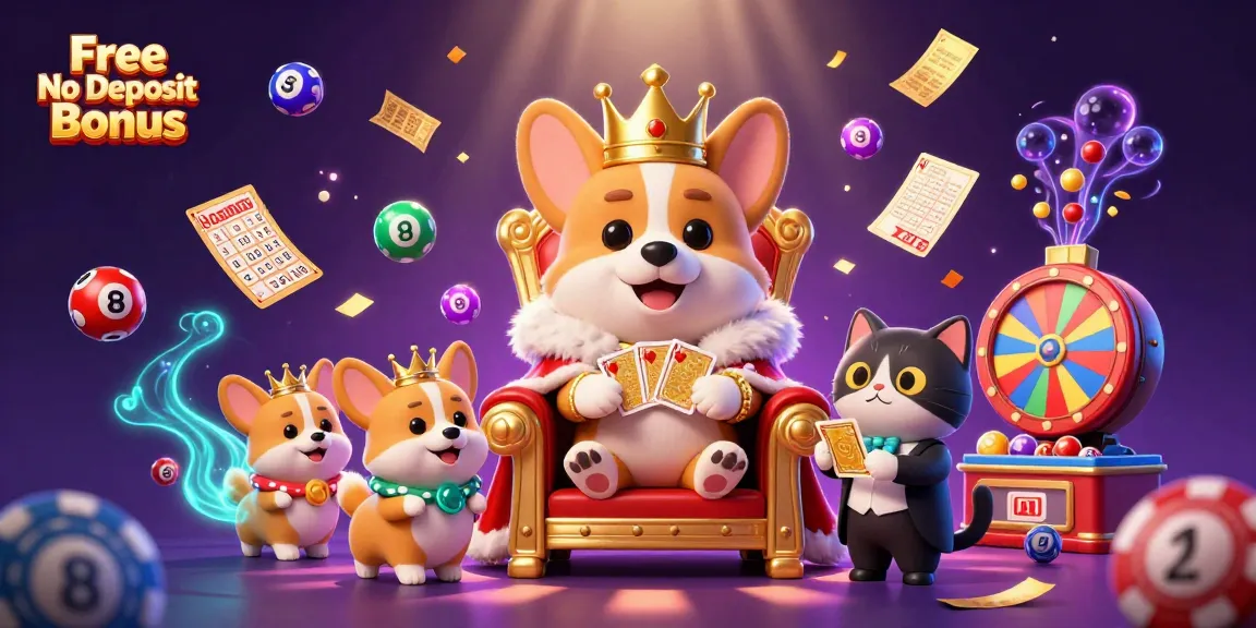 Experience the excitement of Free No Deposit Bonus offers with 3D cartoon royal corgi and vibrant casino elements.