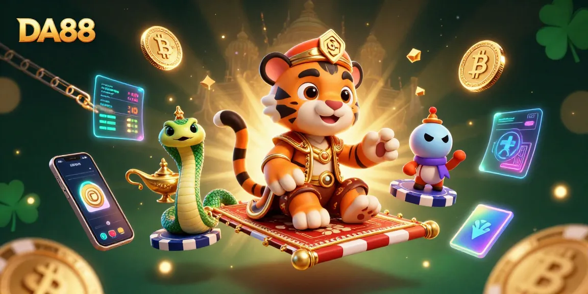 Experience the thrill of DA88 with a magical tiger sultan in a vibrant casino scene.