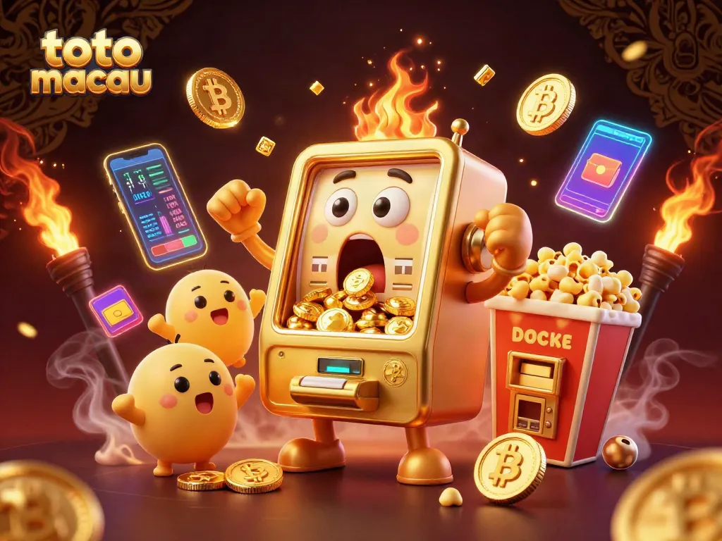Meraih keberuntungan di toto macau dengan roda slot emas yang mengeluarkan koin keemasan dalam suasana ceria.