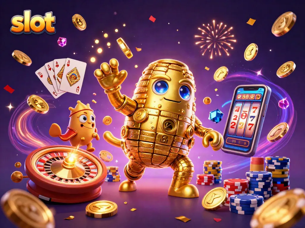 Menggandakan peluang slot dengan simbol mesin slot di tubuh golem emas yang bergerak dinamis.