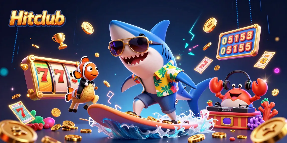 Hitclub showcases an energetic scene with a shark surfing gold coins, emphasizing casino excitement.