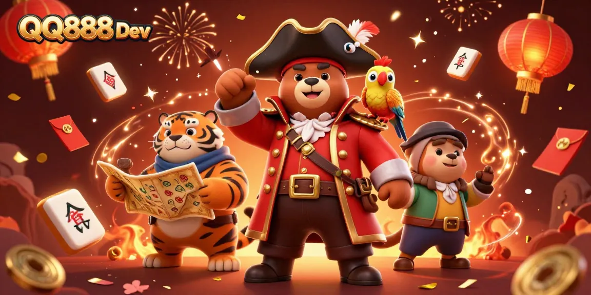 Engage in thrilling games with QQ888 Dev, featuring dynamic 3D illustration of pirate bear and friends.