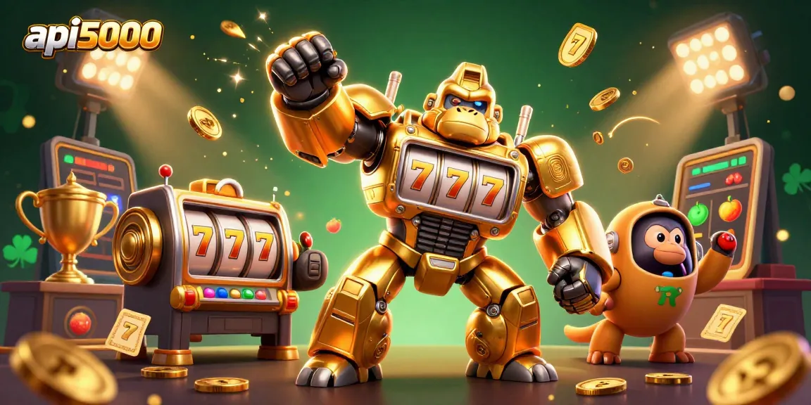 Slot jackpot menarik di api5000 dengan gorila emas dan simbol keberuntungan lainnya.