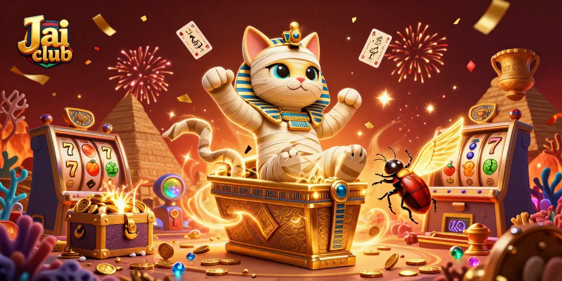 Play exciting games on Jai club with a vibrant, dynamic illustration featuring a mummy cat and glowing elements.