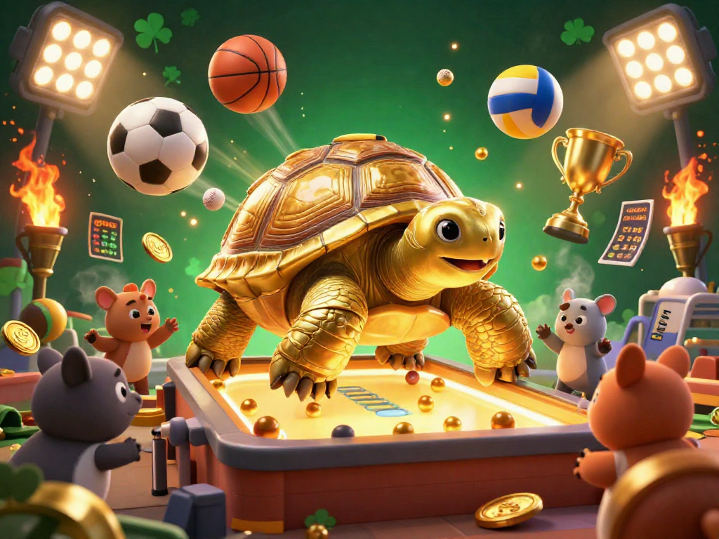 Engage with gmnc's captivating 3D casino scene featuring a golden tortoise pinball machine in action.