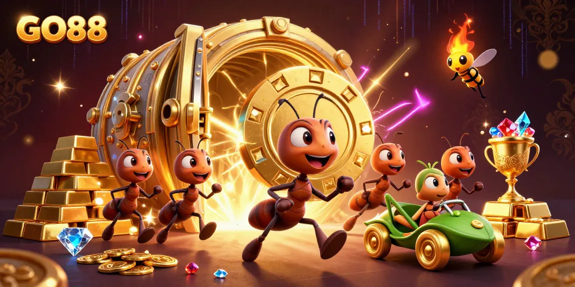 Ants pulling a giant GO88 poker chip through a tunnel, surrounded by treasure and jewels