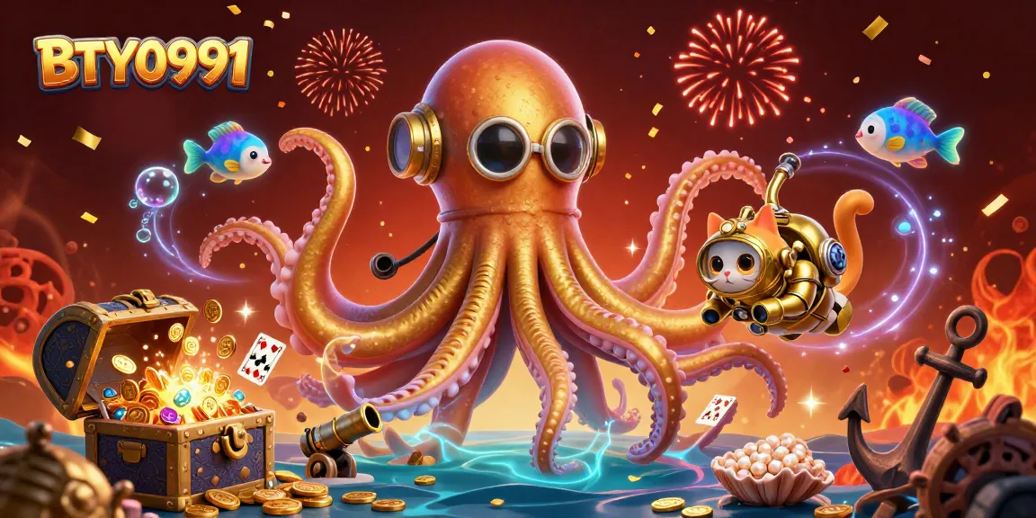Engage with BTY0991 as a colossal kraken and diving cat reveal treasure in a vibrant casino-themed scene.