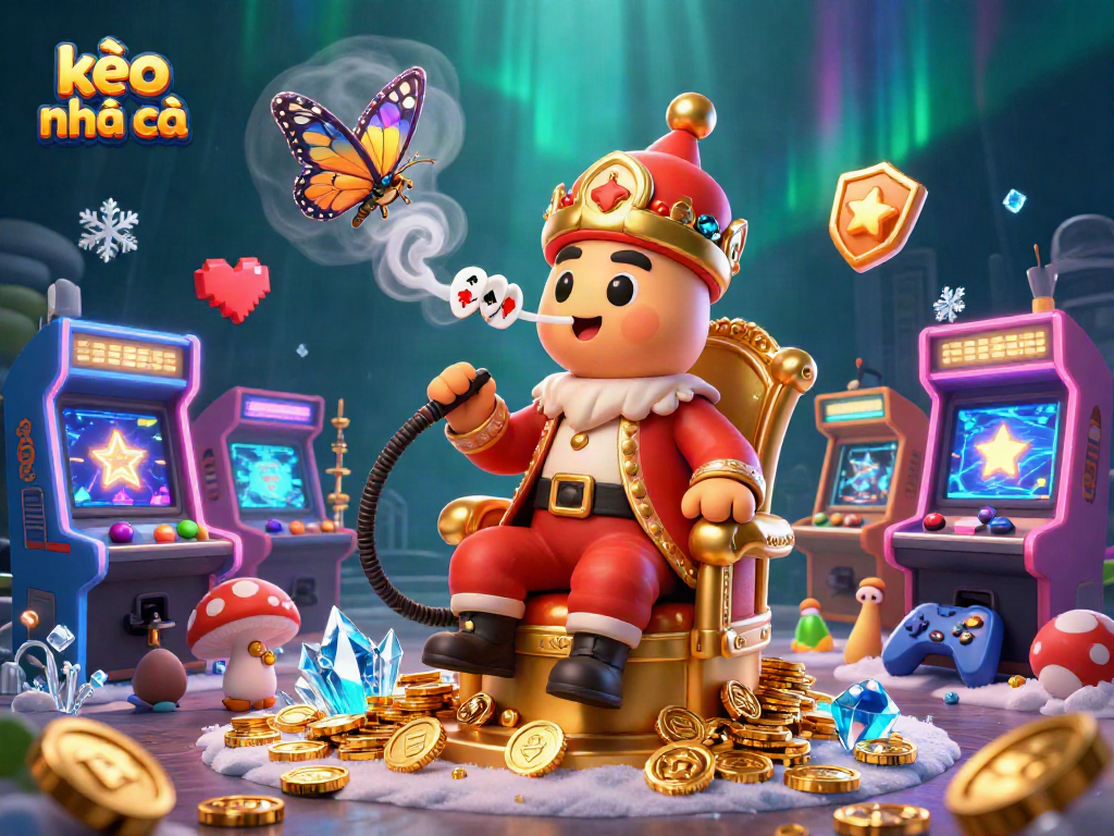 Bets on kèo nhà cái with a vibrant 3D cartoon scene featuring a magical caterpillar, arcade games, and casino elements.