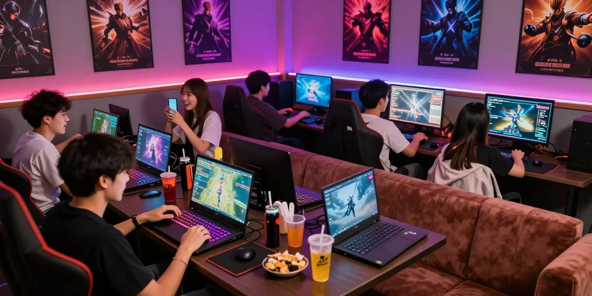 Friends enjoying game bài đổi thưởng in a lively gaming lounge with vibrant LED lighting.