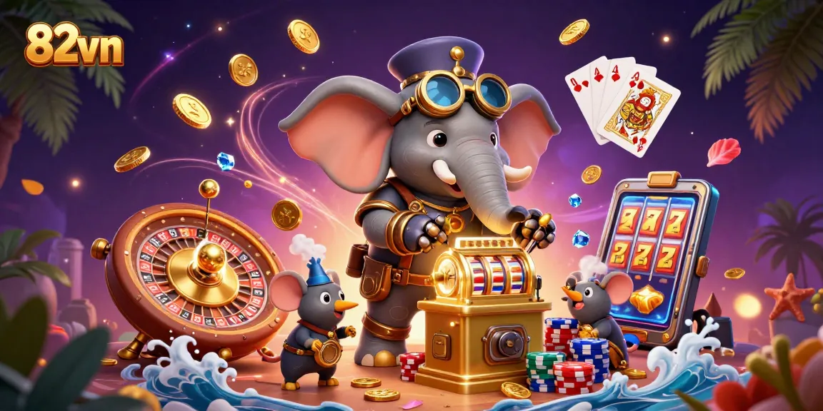 Engage with the thrilling action of 82vn's casino experience, featuring dynamic elements like golden coins and vibrant slot machines.