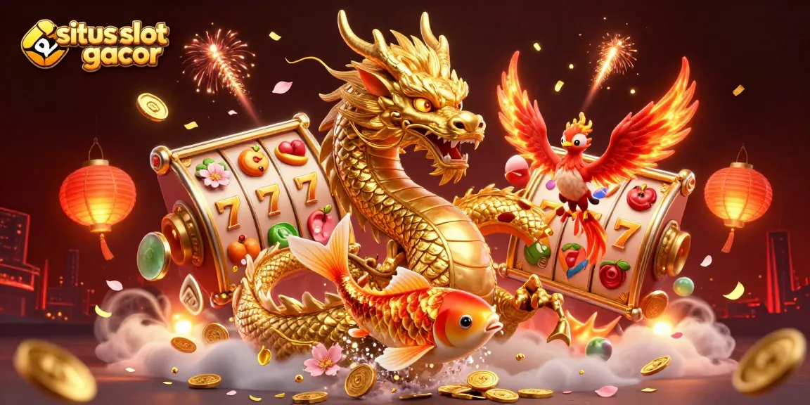 Experience excitement at situs slot gacor with this vibrant 3D casino illustration featuring a dragon and phoenix.