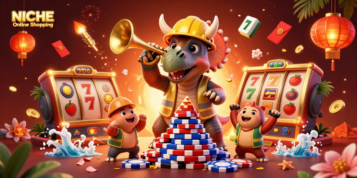 Join the excitement of NICHE Online Shopping as vibrant casino characters celebrate with slot games and festive visuals.