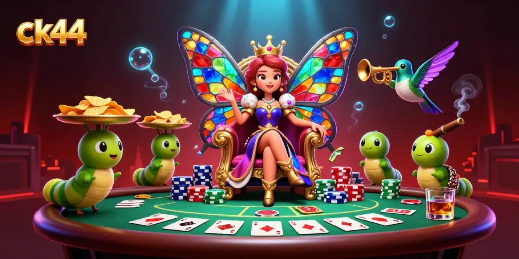 Experience ck44 with an enchanting 3D scene of a butterfly queen amid poker elements and vibrant colors.