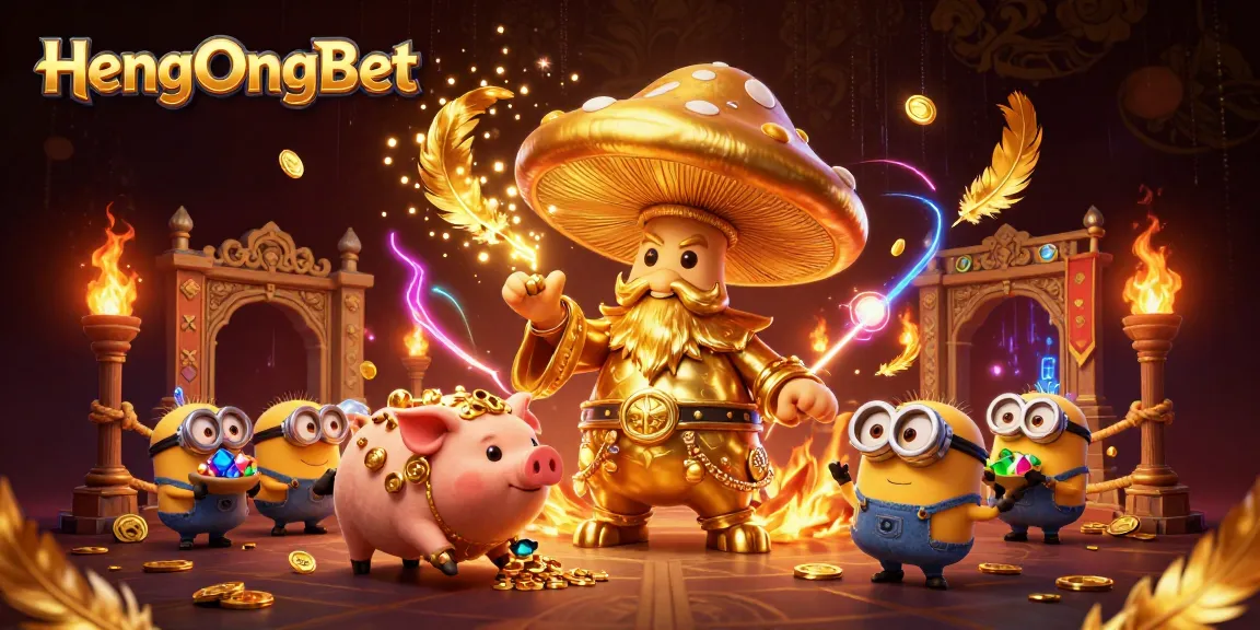 Experience enchanting magic with HengOngBet's golden wizard and treasure-collecting creatures in this immersive casino scene.