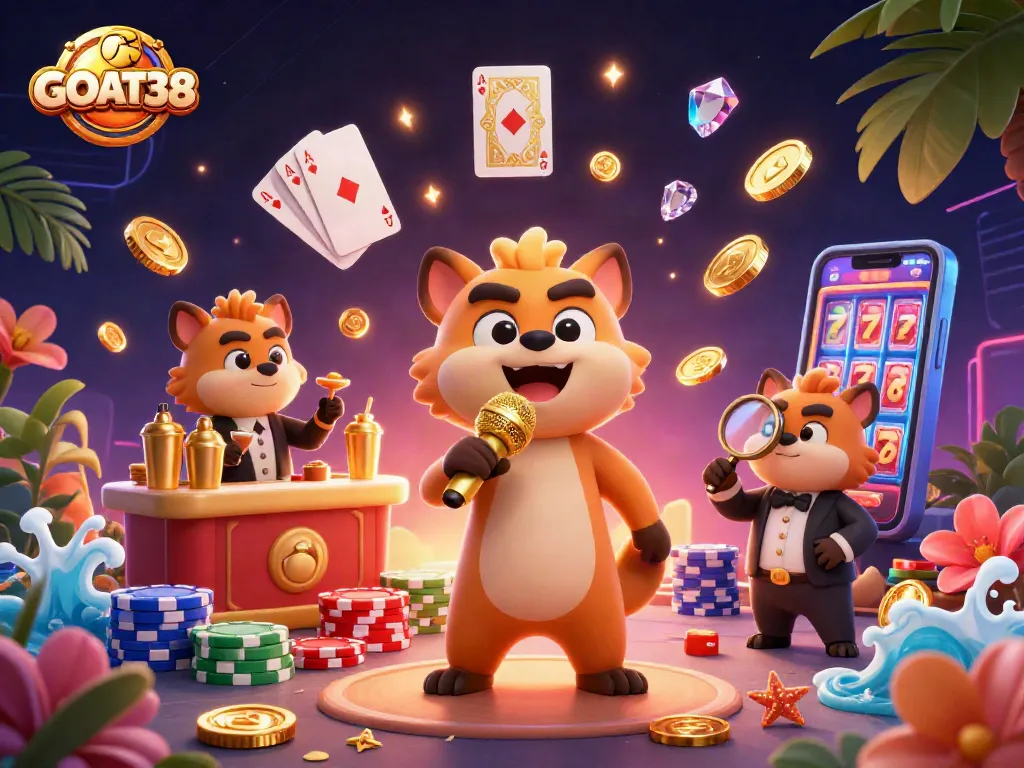 Engage in the excitement of GOAT38 with lively hyenas at a comedy casino, amidst gold coins and vibrant game elements.