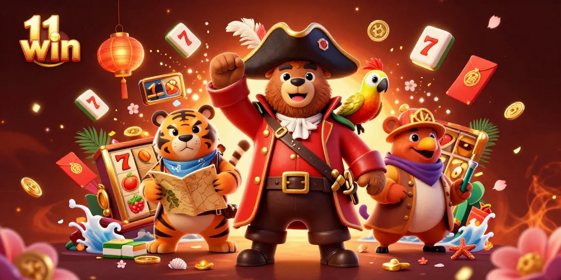 Join the excitement at 11 win with a vibrant casino scene featuring cartoon characters and slot games.