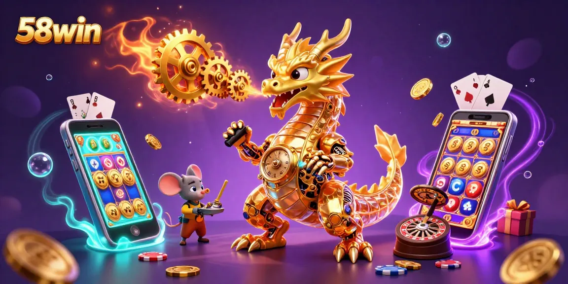 Engaging scene at 58win showcasing a mechanical dragon surrounded by vibrant casino elements and gaming excitement.