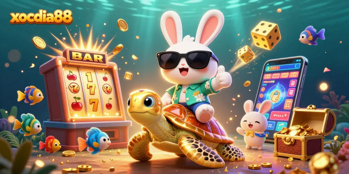 Xocdia88 showcases a lively scene of a lucky rabbit and sea turtle amid a jackpot explosion