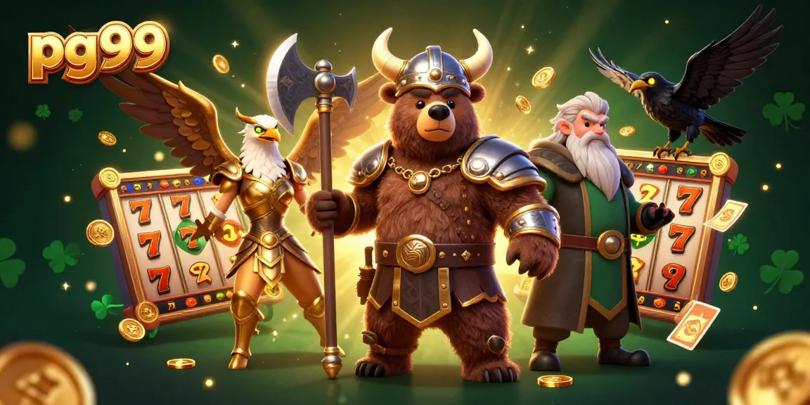 Play exciting slots at pg99 with a dynamic scene featuring a Viking bear and golden elements.