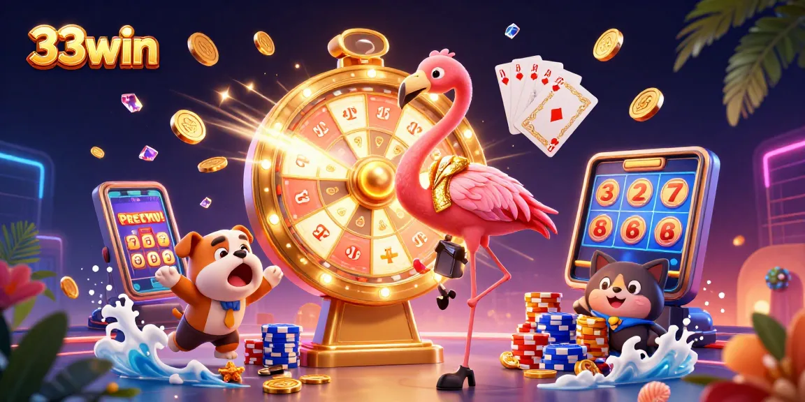 Engage with 33win, showcasing excitement with a flamboyant host, lively prizes, and thrilling casino elements.