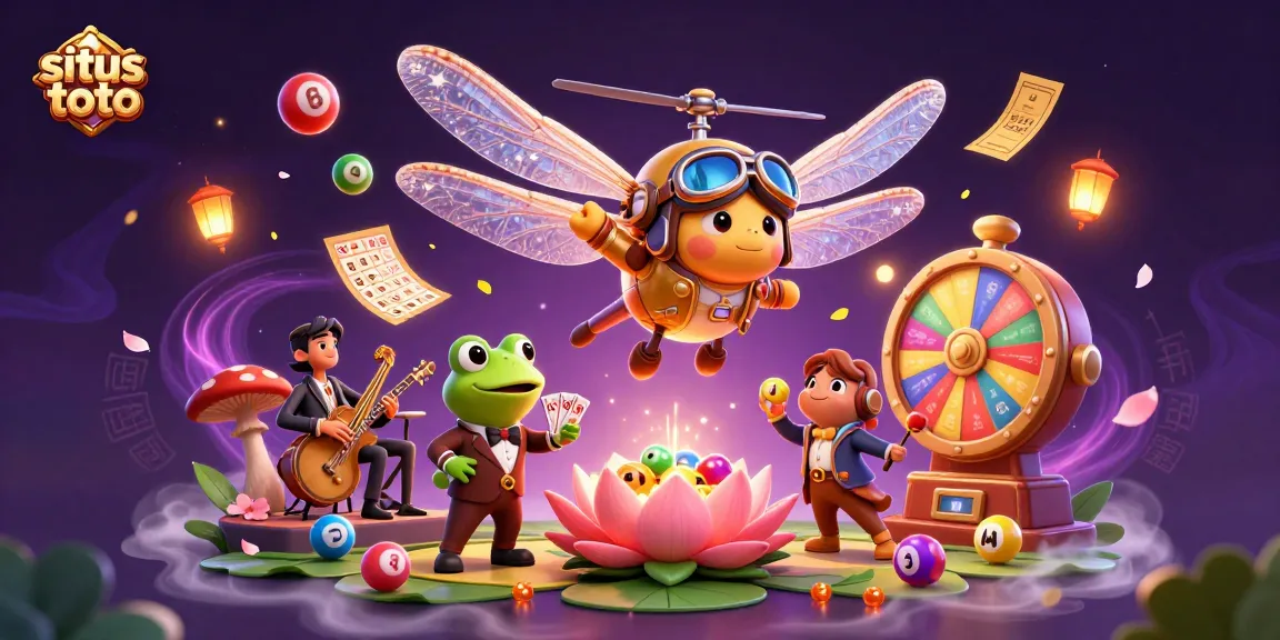 Engage with situs toto in a vibrant casino scene featuring animated characters and dynamic lottery elements.