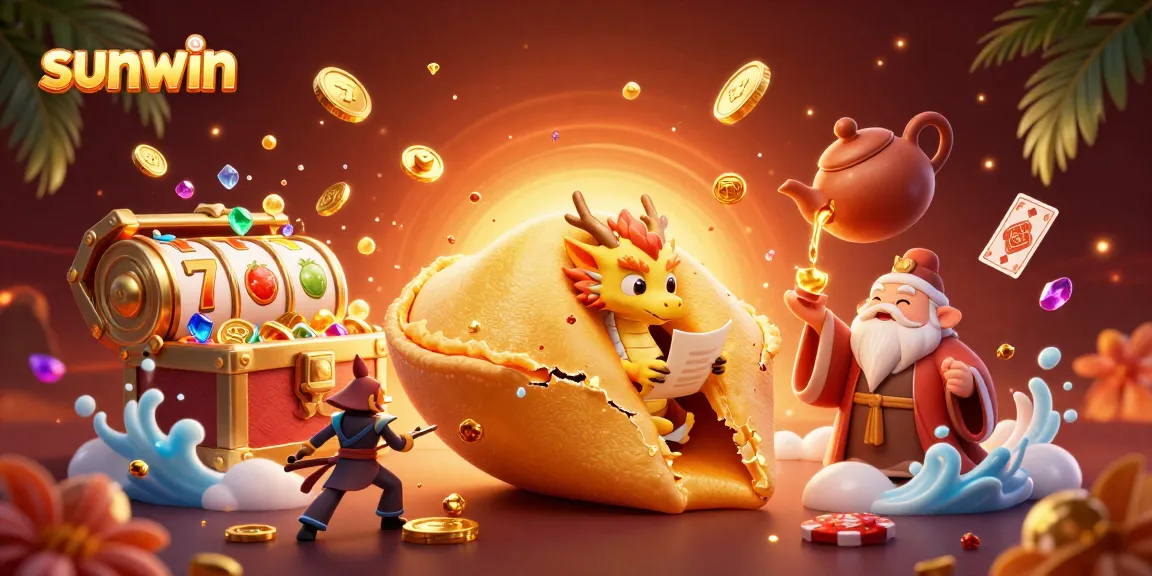 Experience thrilling casino action at sunwin with a dynamic golden fortune cookie scene and various gambling elements.