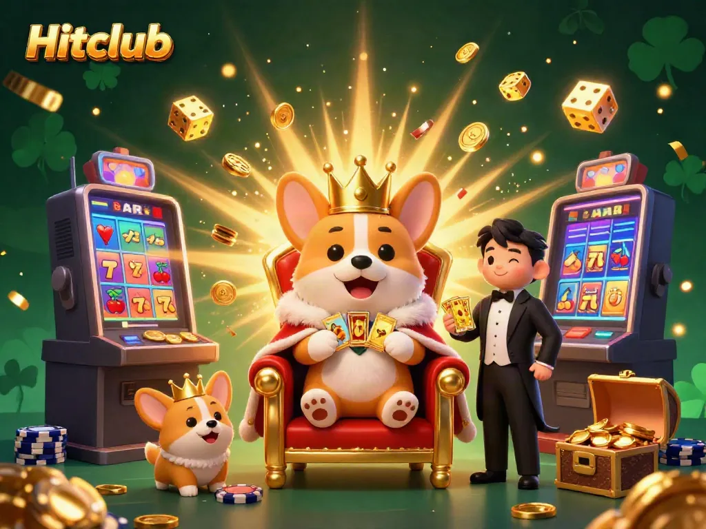 Experience the thrill of winning at Hitclub with a vivid illustration of a royal corgi amid casino excitement.