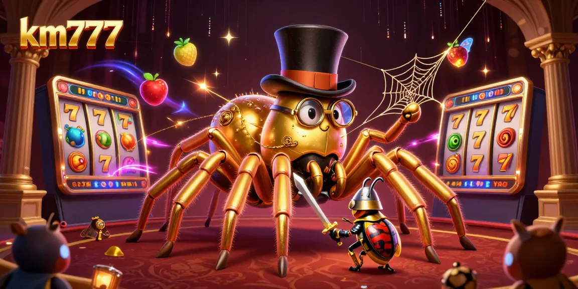 Engage with KM777's enticing slots in a vibrant 3D casino scene filled with vivid characters and dynamic elements.