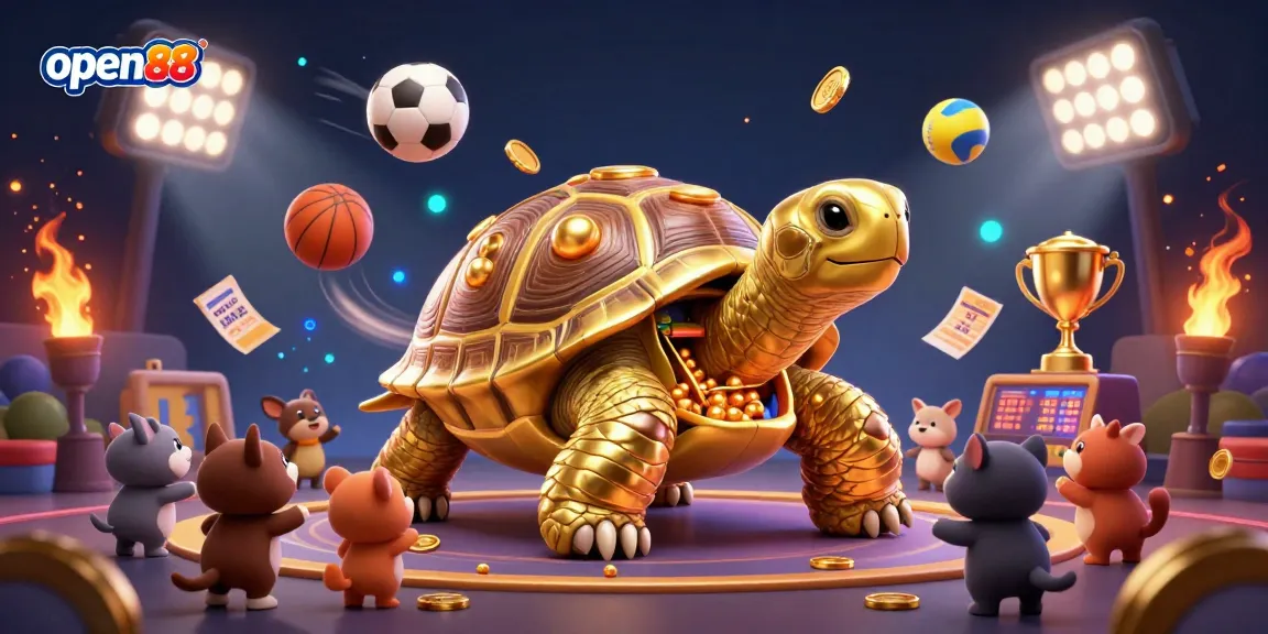 Engage with open88's vibrant gaming scene featuring golden tortoise pinball and playful characters.