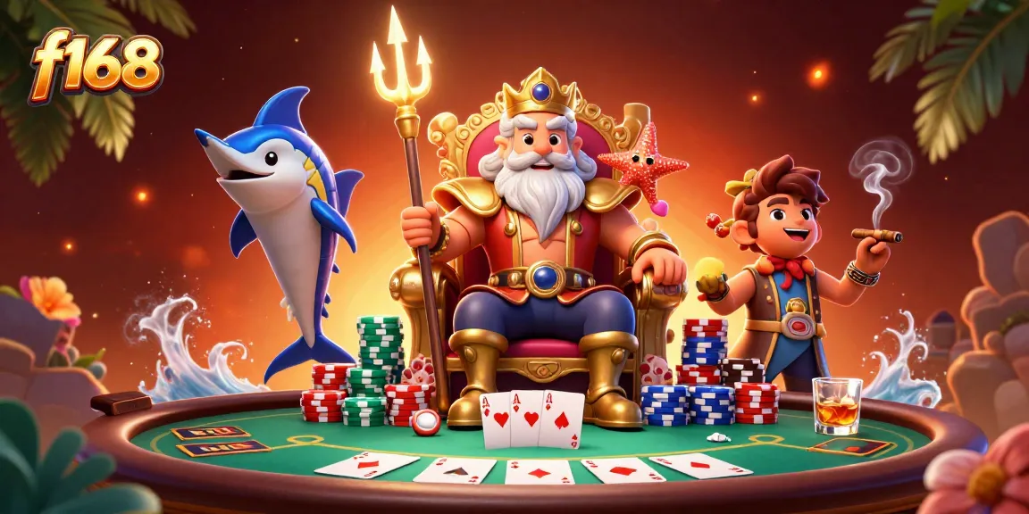 Experience the thrill of f168 gaming with Neptune at the poker table, surrounded by vibrant casino elements.
