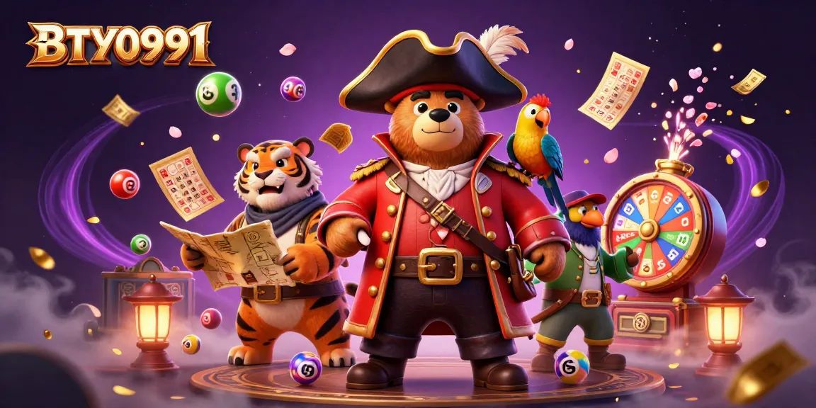 BTY0991 showcases a lively casino scene with a pirate captain bear and vibrant lottery elements.