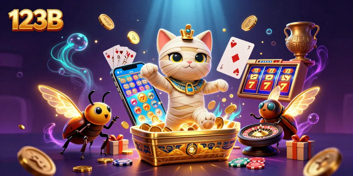 Engage with thrilling slot games featuring 123B's vibrant mummy cat and dynamic casino elements.