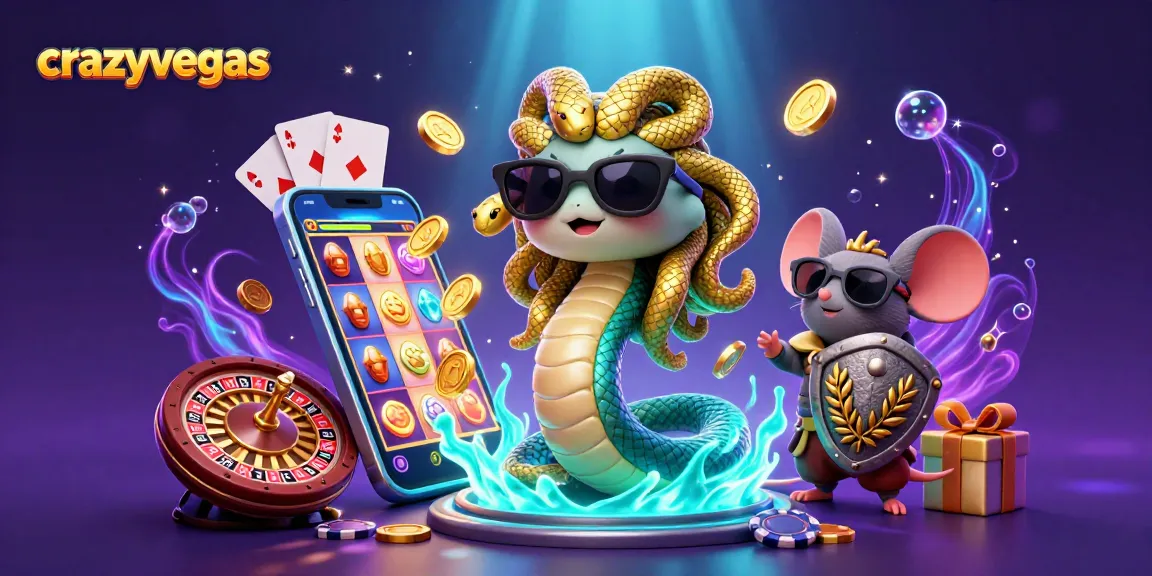Engage with crazyvegas gaming fun featuring a cute Medusa and a warrior mouse among exciting casino elements.