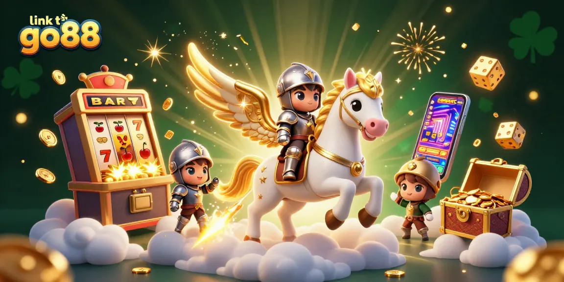 Experience exhilarating wins with link tải go88; a vibrant 3D casino scene depicting knights and a celestial horse.