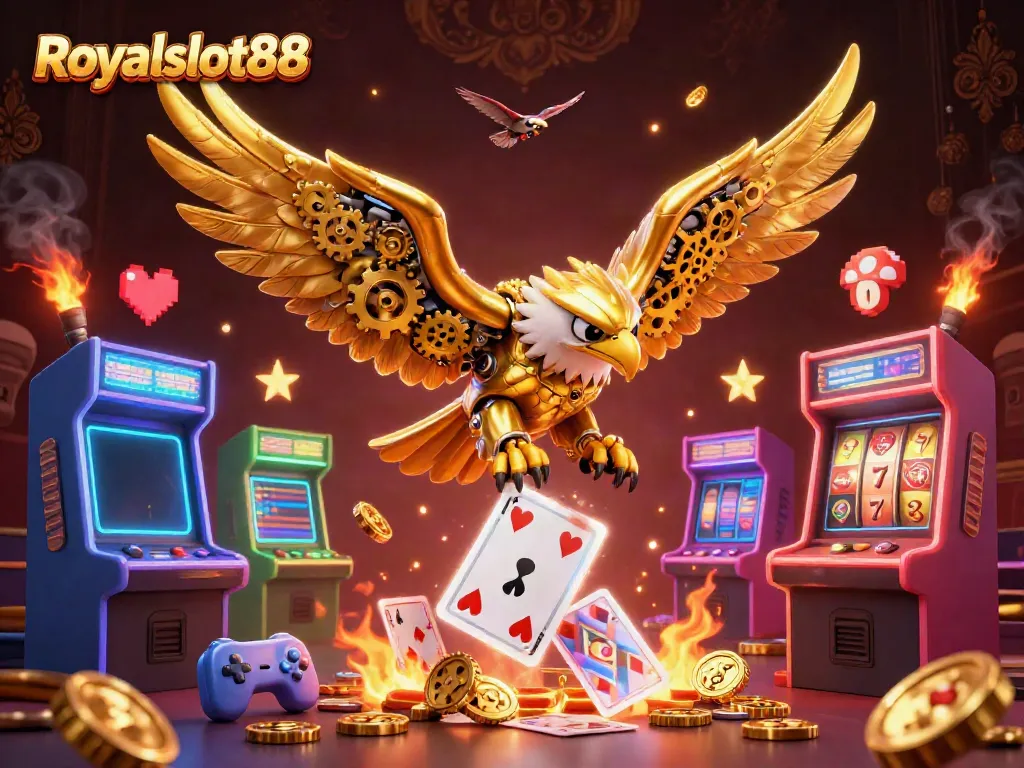 Royalslot88 mempersembahkan ilustrasi kasino 3D dengan burung rajawali cybernetic dan elemen permainan seru yang berkilauan.