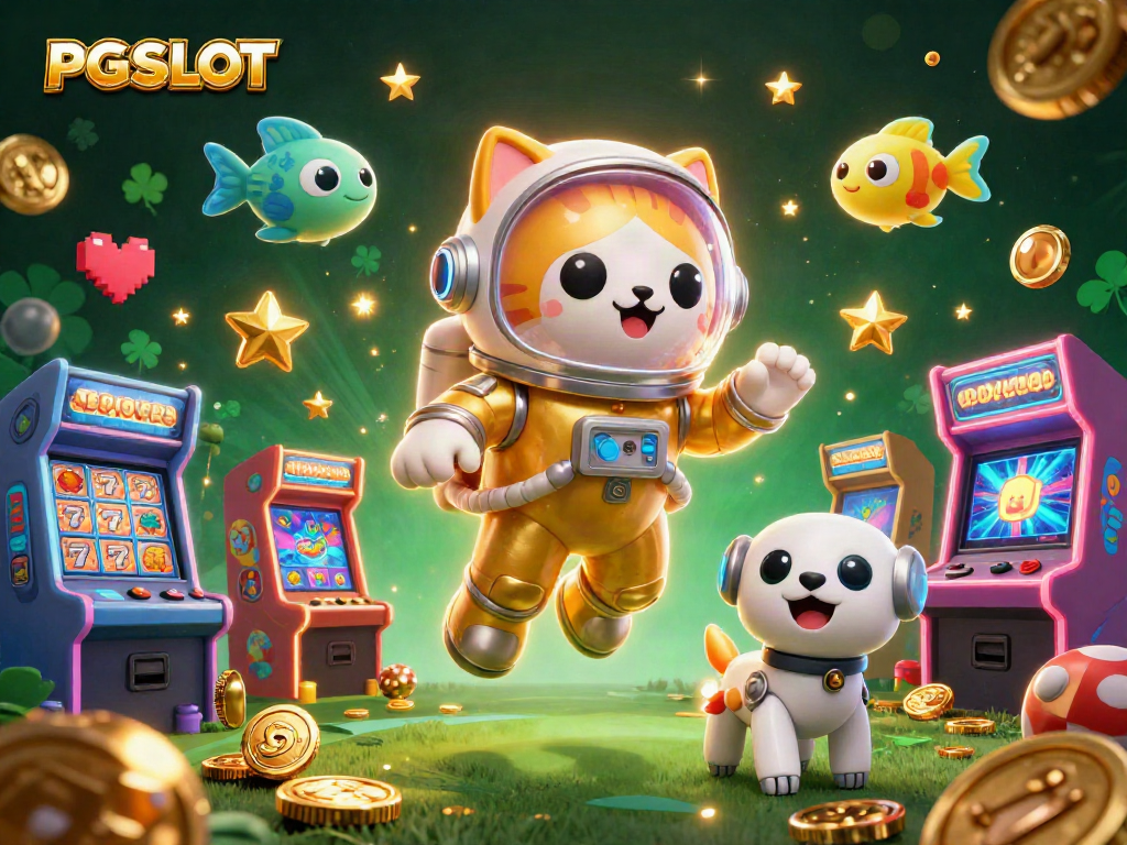 PG SLOT visuals featuring a space astronaut cat and robot dog amidst vibrant casino elements.