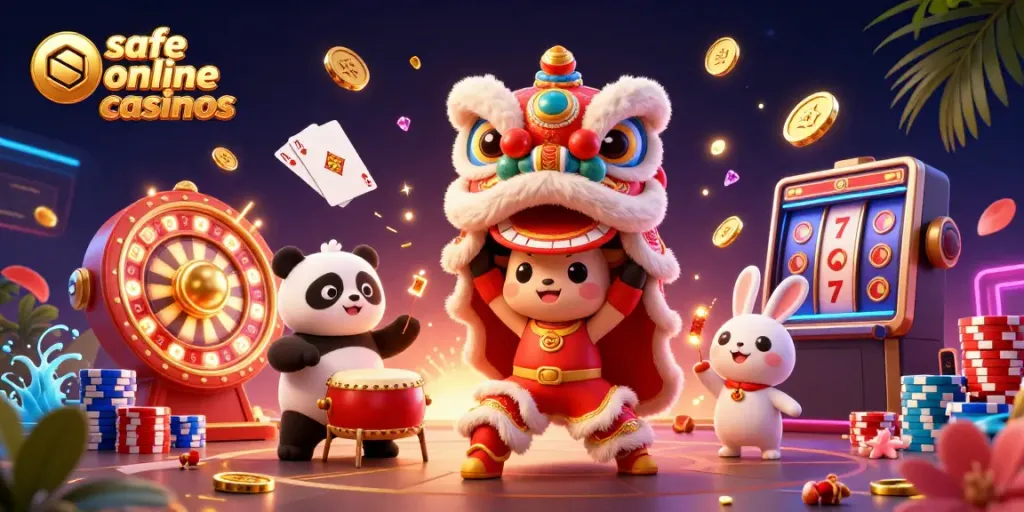 Experience the excitement of safe online casinos with a vibrant 3D casino illustration featuring dynamic characters and game elements.