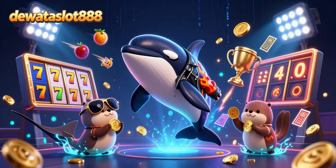 Menangkan jackpot di dewataslot888 dengan bermain slot online, dikelilingi koin emas dan simbol buah.
