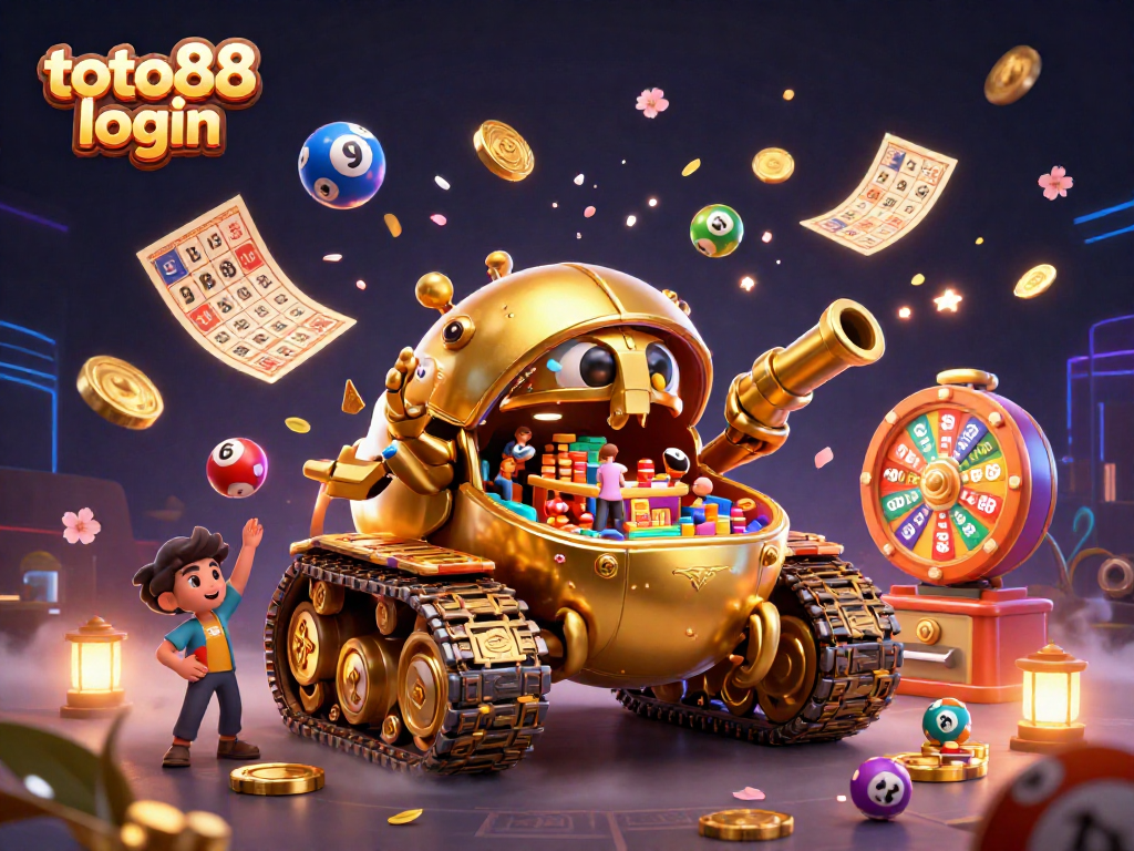 Play exciting games at toto88 login with colorful lottery balls, golden bingo cards, and festive confetti.