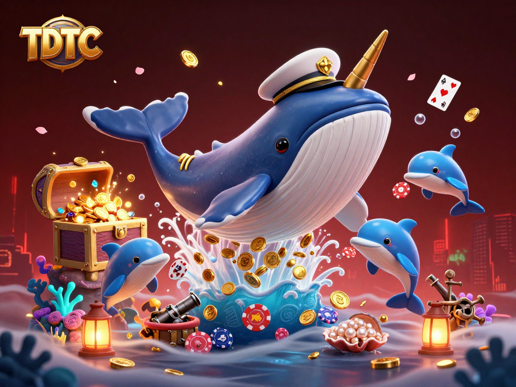 Engage with TDTC's colorful gaming scene showcasing a whale captain amidst treasure.